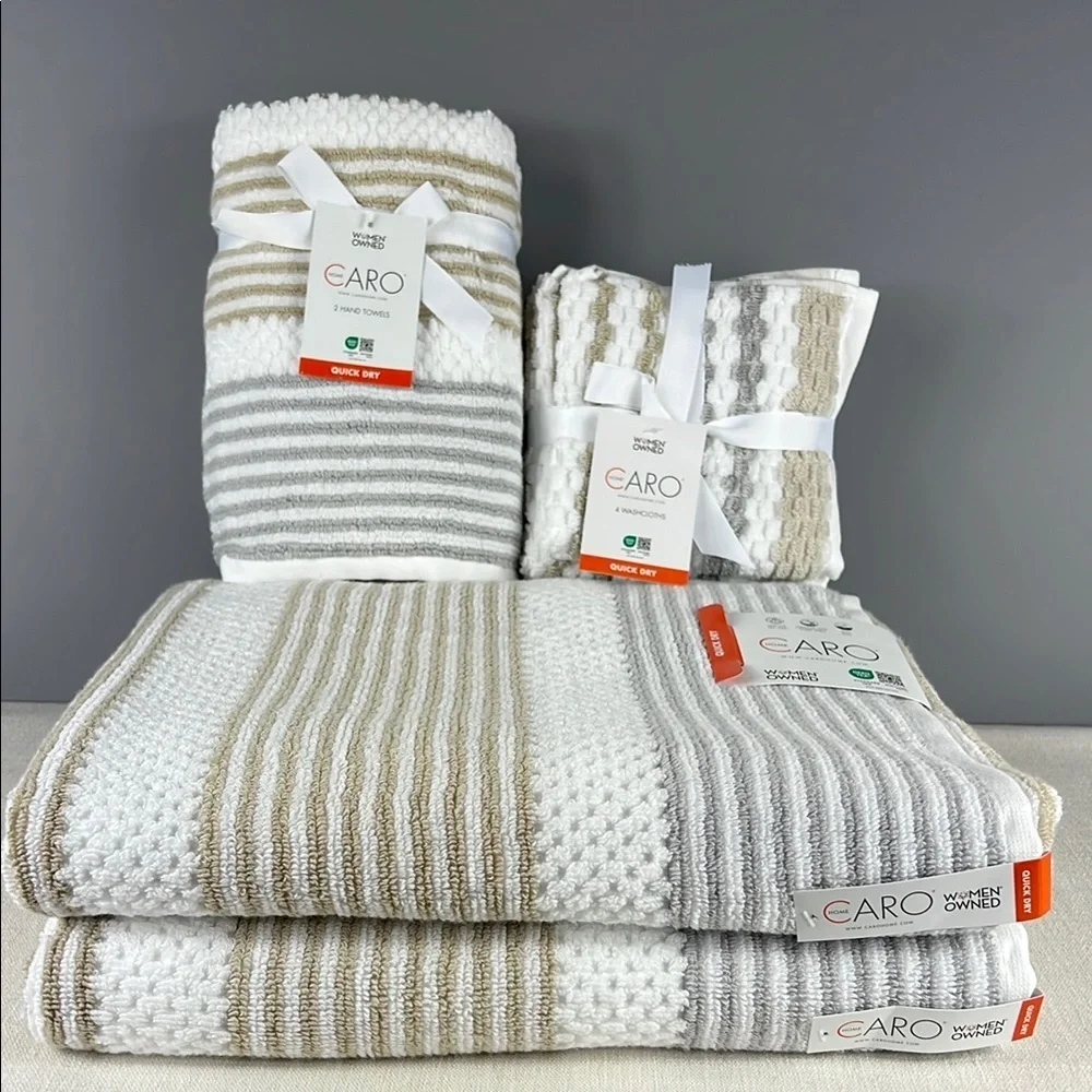 Caro Home Bath Towel Set White Gray Tan Stripe Plush Bath Hand Wash 8 Pc NEW